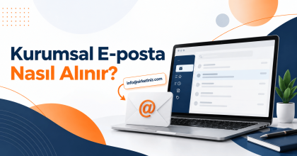 Kurumsal e-posta nasıl alınır: dizüstü bilgisayarda info@sirketiniz.com adresini gösteren kapak illüstrasyonu